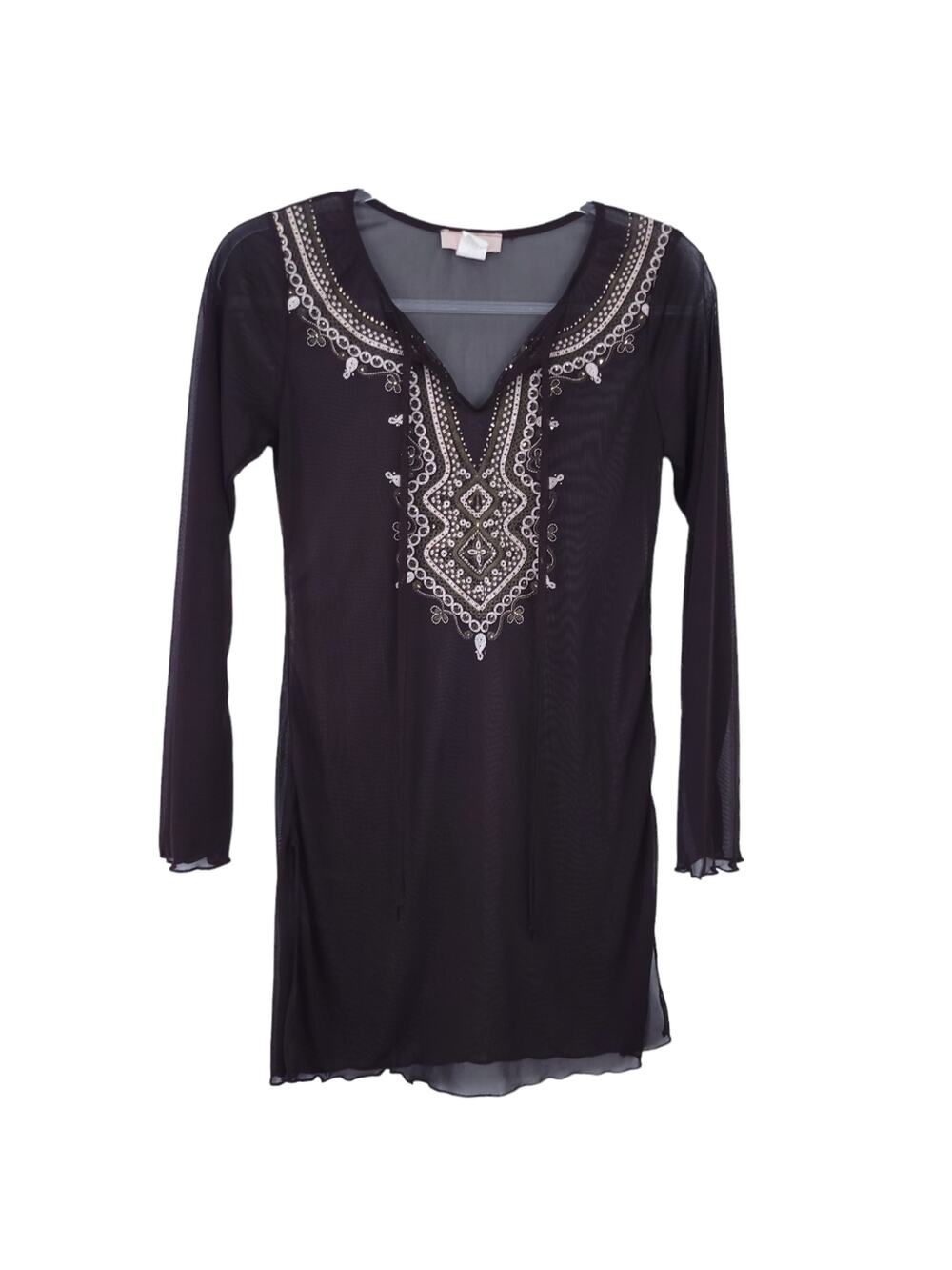 Obe Semisheer Embellished Long Sleeve Blouse, Swimsuit Coverup, Brown, Beige